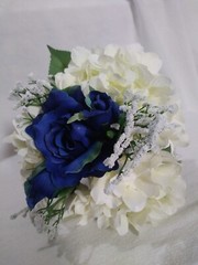 Wedding Bouquet Silken / Plastic White Hydrangea w/ Dark Blue Rose NEW