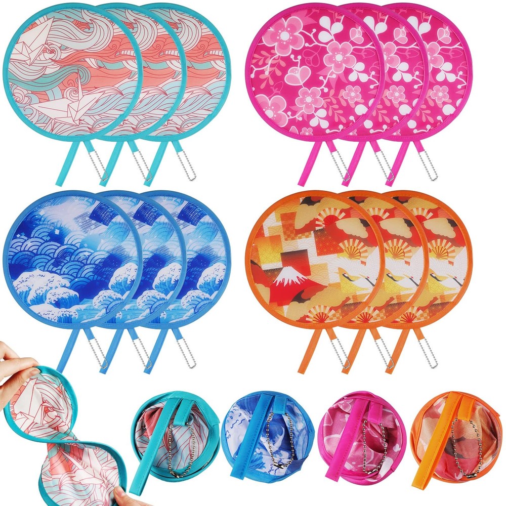Marsui 12 Pcs Japanese Round Foldable Hand Fan Yellow, Green, Pink and Blue
