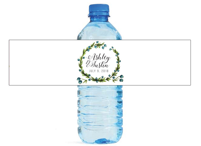 Elegant Wreath on White Watert Bottle Labels Wedding Anniversary Engagement
