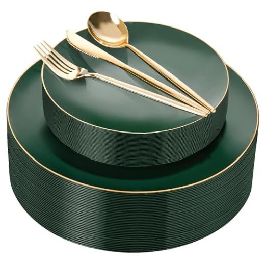 I00000 150Pcs Green Plastic Plates with Gold Rim, Fancy Disposable Green Gold