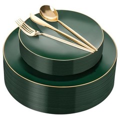 I00000 150Pcs Green Plastic Plates with Gold Rim, Fancy Disposable Green Gold