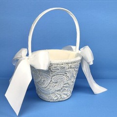 White Flower Girl Wedding Small Basket Lace~Padded~Ribbons Special Occasion