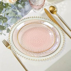 TRANSPARENT BLUSH 10 Glossy 8″ Round Plastic Salad PLATES GOLD Rim Party Events