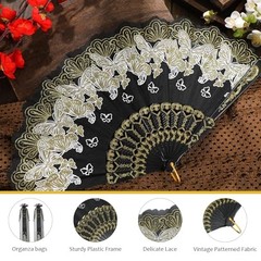 50 Pcs Hand Lace Foldable Fans Bulk for Women with Organza Bag Butterfly Gold