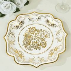 25 White 10″ Paper Dessert Plates GOLD Floral Print Scalloped Rim Party Events