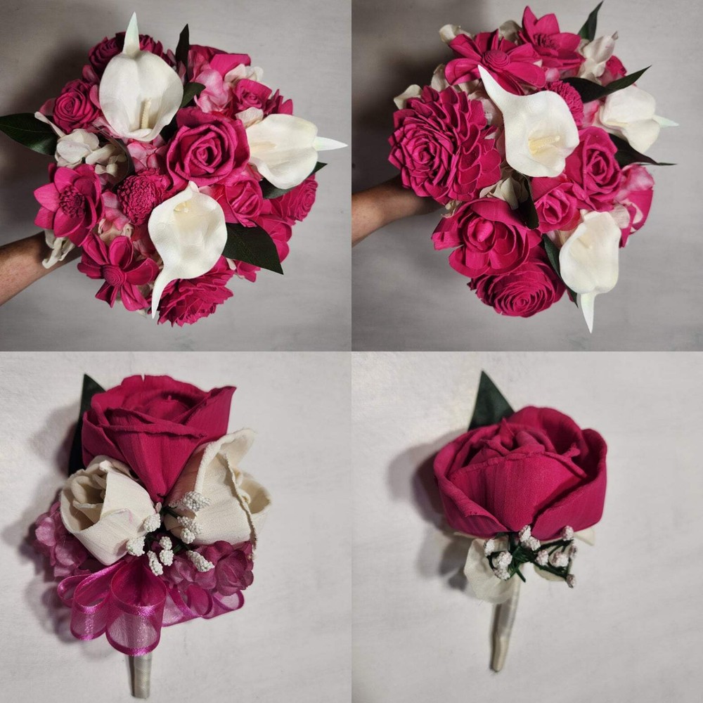 Fuchsia Rose Calla Lily Sola Wood Bridal Wedding Bouquet Accessories