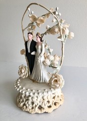 Vintage 1950s Wedding Cake Topper Bride Groom Floral Arch Mid Century