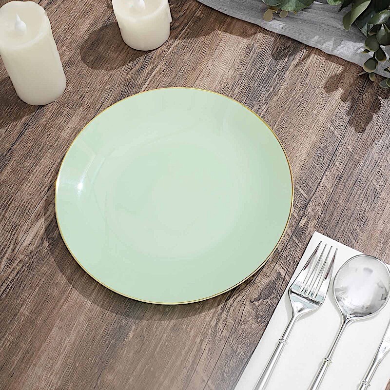 SAGE GREEN 10 Glossy 8″ Round Plastic Salad PLATES Gold Rim Party Events