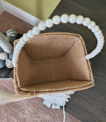 JUTE FLORAL BASKET Flower Girl Wedding Faux Pearl Handle Lace Feather EUC