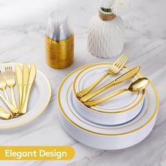 Goodluck 150 Pieces Gold Disposable Plates For 25 Guests Plastic Party Wedding