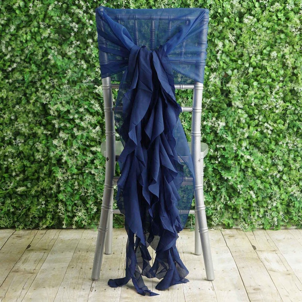 Navy Blue Premium CHAIR COVER Curly Chiffon Ruffled SASHES Wedding Decorations
