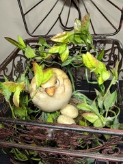 Vintage Decorative Metal Bird Cage French Country Cottage Decor w/Nest and Chick
