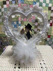 Vintage Cowboy And Cowgirl Porcelain Wedding Cake Topper Floral W/Heart Shape
