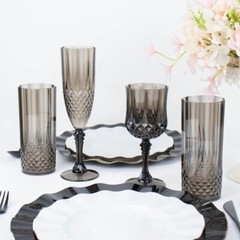 BLACK 6 Plastic 8 oz Crystal Cut Goblets WINE GLASSES Party Events Decorations
