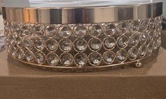 Round Silver Mirrored Candle Holder Tray, Clear Crystal Rhinestone Band