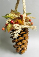 HANDMADE Fall NATURAL Pine Cone SILK Autumn Leaf Braided Raffia Pomander