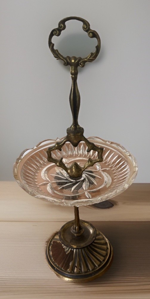 Brass & Etched Glass Vintage Ashtray Centerpiece 16 IN.