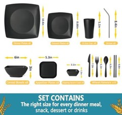 88-piece With Flatware Plastic Kitchen Wheat Straw Square Dinnerware Set Black