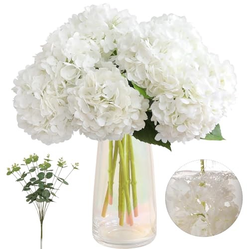 4pcs Fake Hydrangea with Vase -3D Real Touch Faux Hydrangea Flowers and White