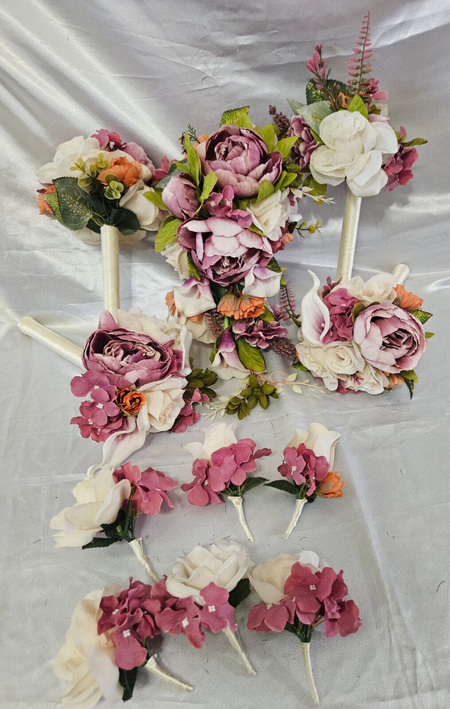 Sunset Wedding Bouquet – 11 Pc Wedding Bouquet Set, Ivory, Pink, Orange, Purple