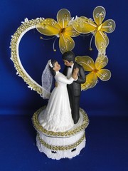 New Medium Dark skin Bride & Groom Wedding CakeTop, gold decor & heart, #341
