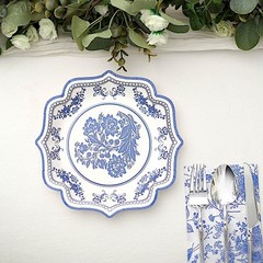 25 WHITE 8″ Paper Dessert PLATES BLUE Floral Print Scalloped Rim Party Events