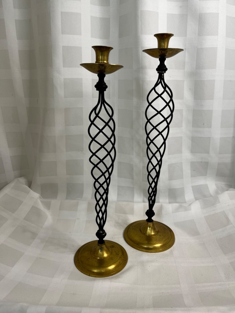 Black Twisted Wrought Iron and Solid Brass Candlesticks~Pair-Pre-owned
