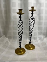 Black Twisted Wrought Iron and Solid Brass Candlesticks~Pair-Pre-owned