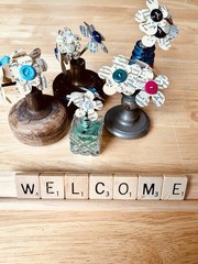 Vintage doorknob flower decorations-hand made-with vintage book pieces-wedding++