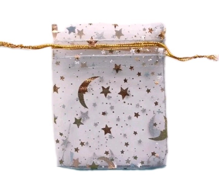 10 Moon Star Organza Gift Bags Wedding Jewelry Drawstring Xmas-3.54″ x 2.76″ Whi