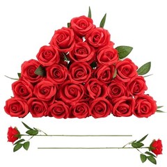 24 Pcs Rose Artificial Flowers with Long Stem Real Touch Silk Plastic Red