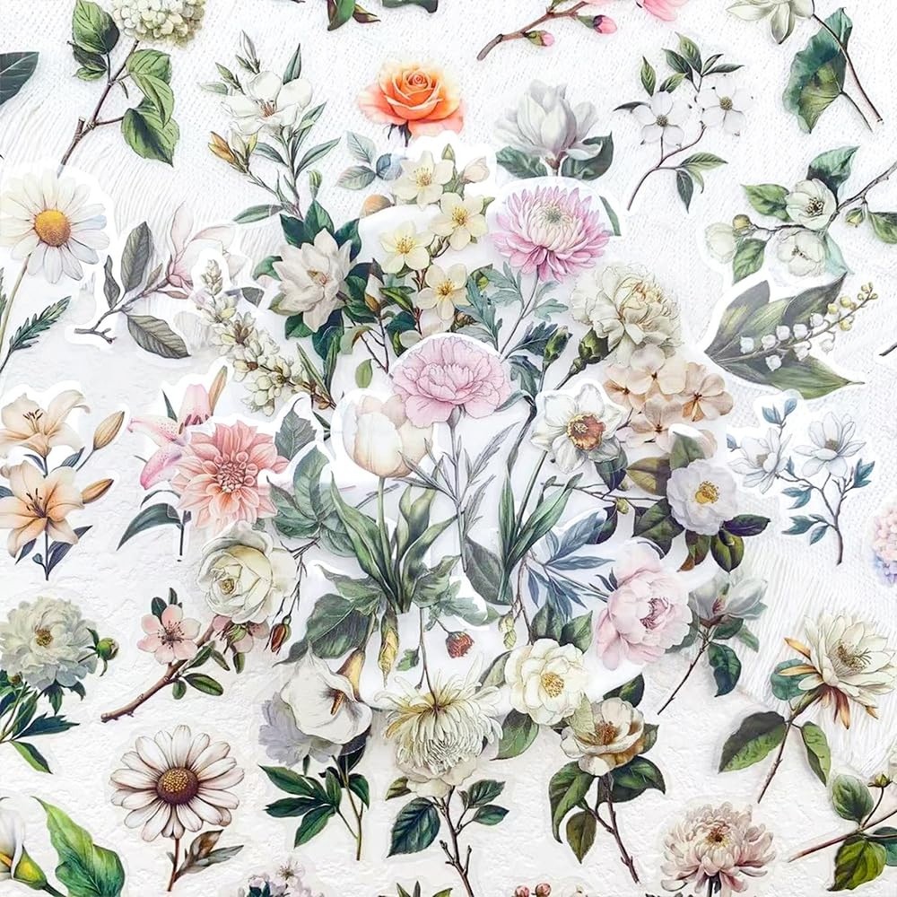 50pcs White Flower Scrapbook Stickers – Vintage Botanical Clear Floral Aes