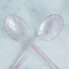 Plastic Clear Blush Glittered SPOONS Disposable TABLEWARE Party Wedding Catering