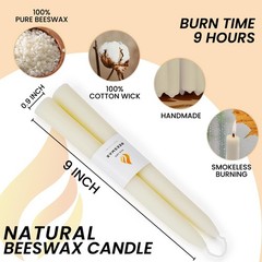 AGLARY 9″ Handmade White Beeswax Taper Candles, Dripless, Smokeless, 9-Hr Burn