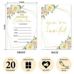 90th Floral Birthday Invitations with Envelopes, 4×6 inches, multicoloured