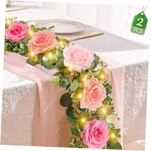 6.5 FT Artificial Flower Garlands with Fairy Light, Pink 2Pcs Pink With Light