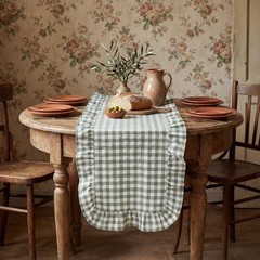 Tegeme Gingham Table Runner 12»x71» Cotton Ruffle Checkered Olive Green Plaid