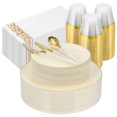 3PCS lvory Plastic Dinnerware Set – lvory and Gold Rim – Disposable 50 Ivory