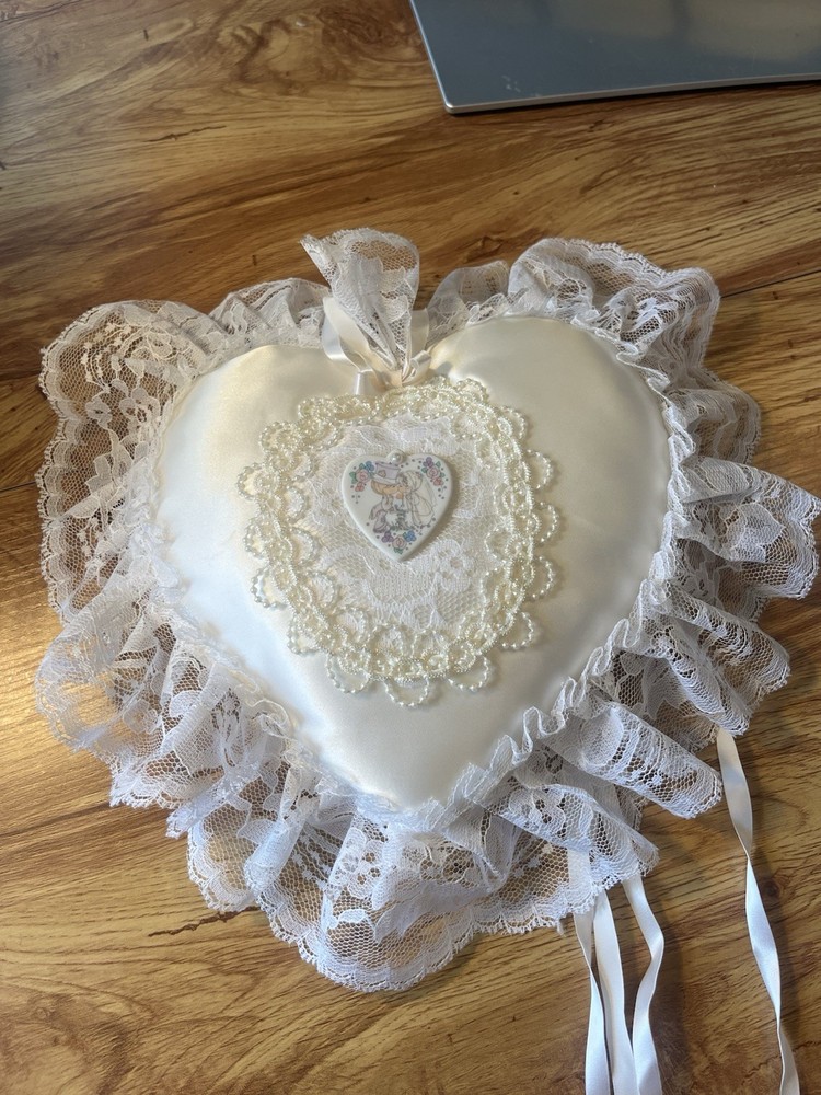 Precious Moments Heart Shaped Ring Bearer Pillow with Lace Trim for Wedding