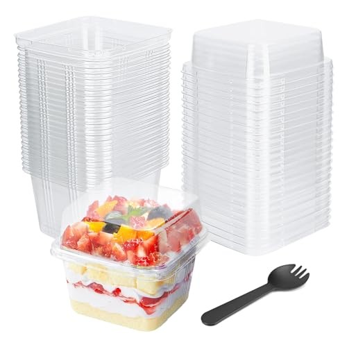 YOIYINI 25Pcs 8oz Mini Square Clear Dessert Cups with Lids and Spoons,Plastic