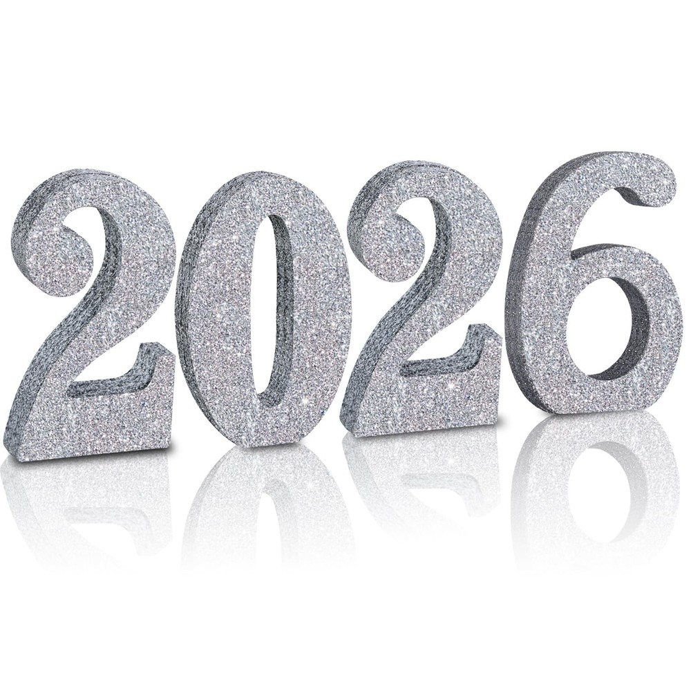 TONIFUL 4 Inch 2026 Silver Glitter Table Centerpiece 10 x 6 x 1.5 cm,
