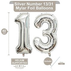 13 Number Balloons Giant Jumbo Huge 13 or 31 Foil 40 Inch Silver Silver 13