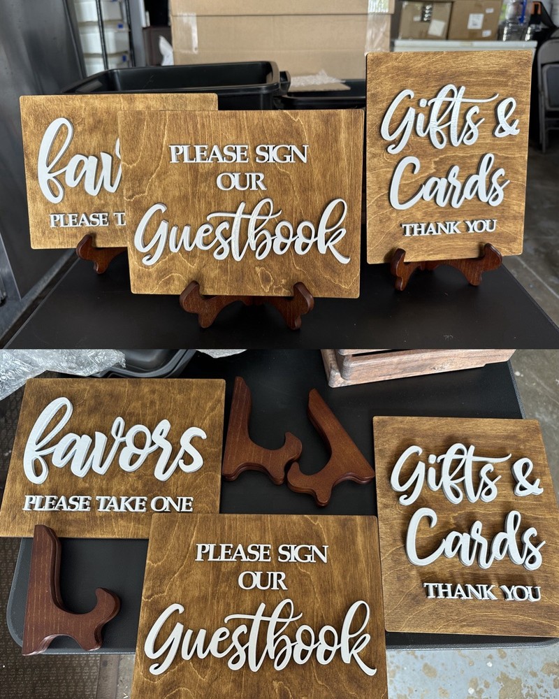 Wedding Wood Direction Signs Set with Stands, Brown White, 3 Pieces