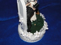 New Vintage Bridal Couple Golfers with Chapel Church Mirror Windows Caketopper