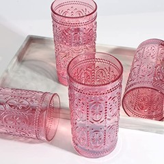 Drinking Highball Beverage Glass Cup, Vintage Drinking Glasses, 12oz Pink
