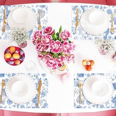 6 Pcs Blue White Easter Placemats Set Plastic Place Mat Retro Bunny Rabbit