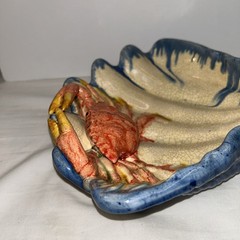 DEPT 56 Figural Palissy Style Majolica Clamshell and Crab Decorative Bowl