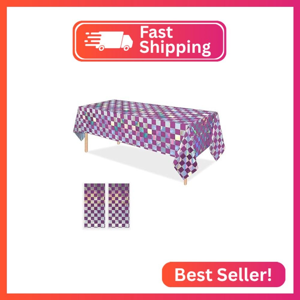 OQOQ Checkered Iridescent Tablecloth (2 Packs, Purple&Silver) – 54×108 Inches Pu