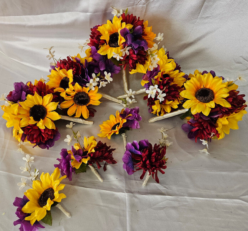 Fall Wedding Bouquet Set, Roses, Sunflowers, Purple, Yellow, Maroon