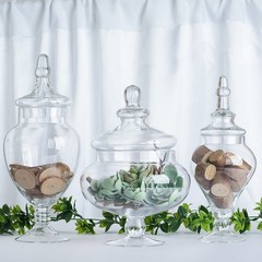Set of 3 10″ 12″ 14″ tall Clear Glass Apothecary Jars Containers with Lids Sale
